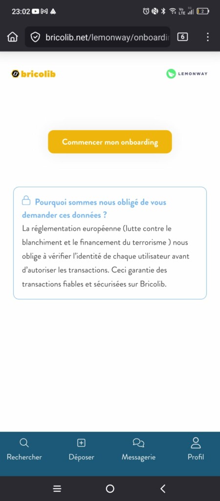 Écran de démarrage du parcours KYC