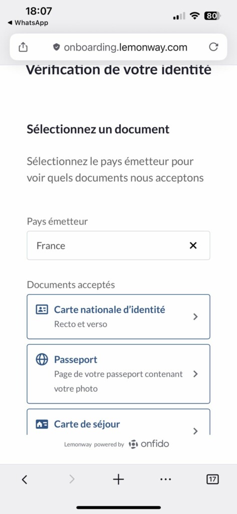 Choix du type de document d'identité