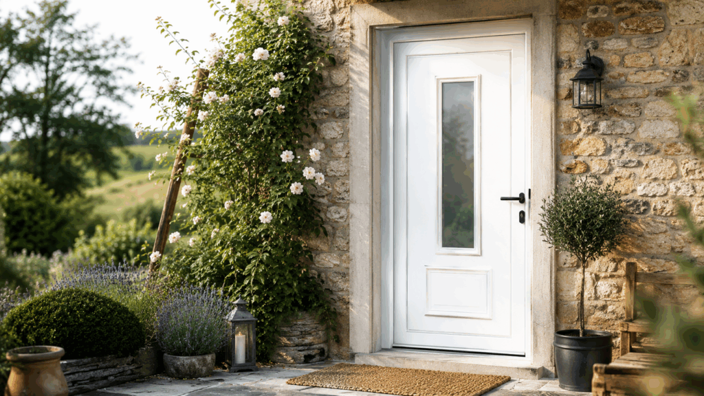 porte d'entrée PVC blanche style traditionnel
