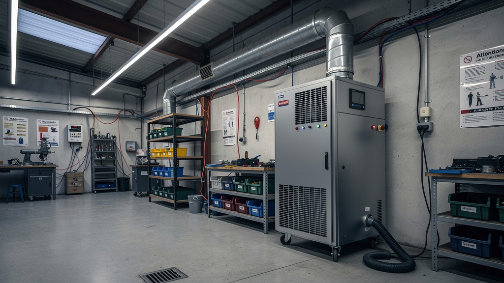 Déshumidificateur professionnel installé en atelier industriel